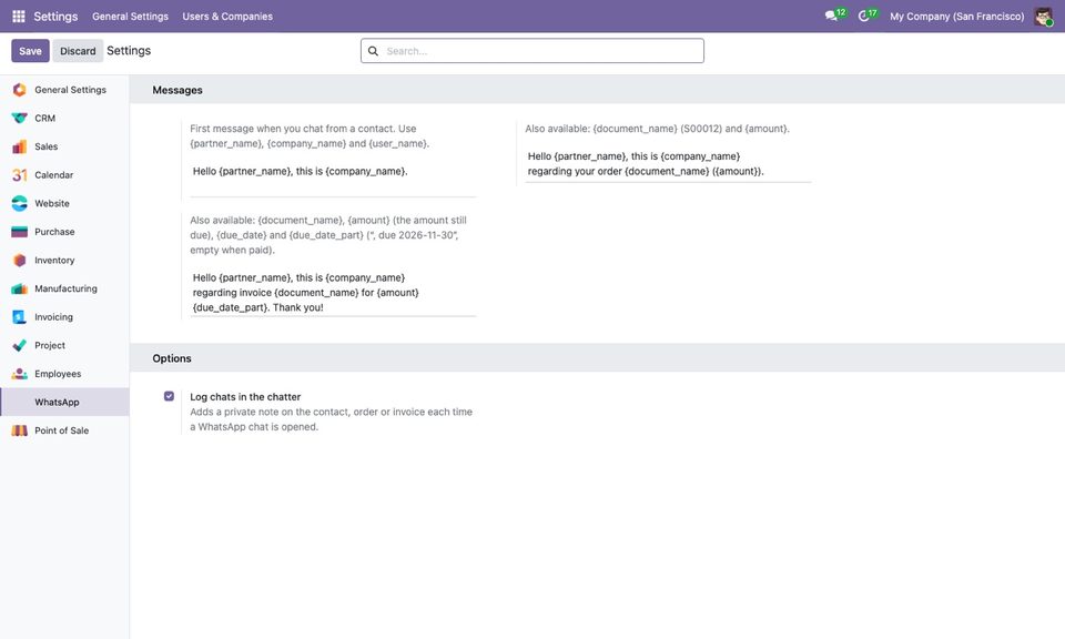 Settings → WhatsApp: the three templates and the chatter option.