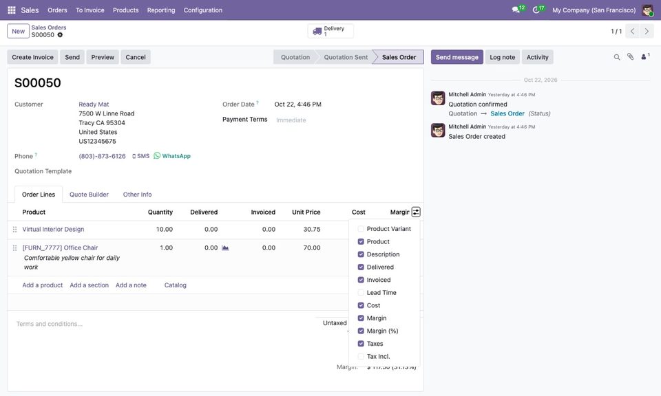 A manager can switch the Cost and Margin columns on from the column menu.