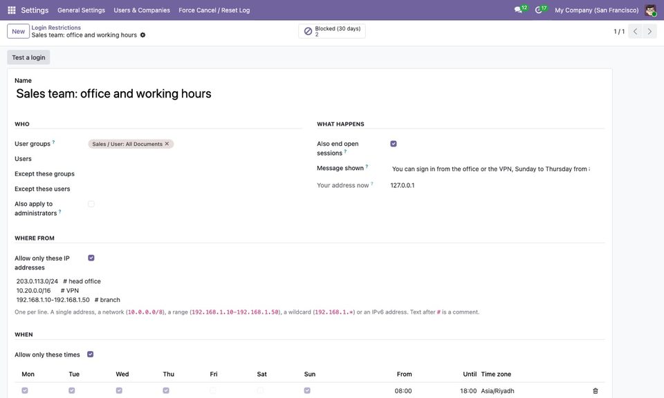A rule for the sales team: office and VPN addresses, working hours, and a message.