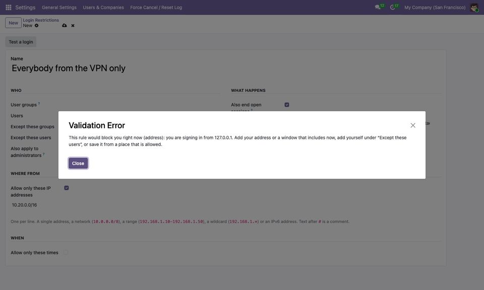 Saving a rule that would block the administrator who is saving it.
