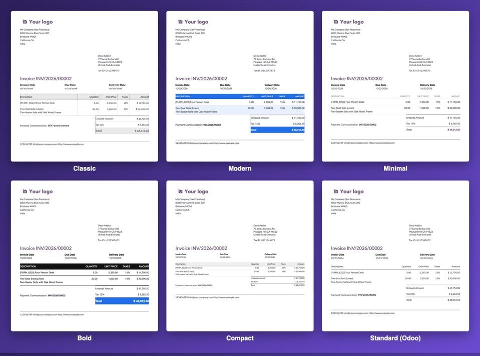 The six invoice looks: Classic, Modern, Minimal, Bold, Compact and Odoo's Standard, on the same invoice.