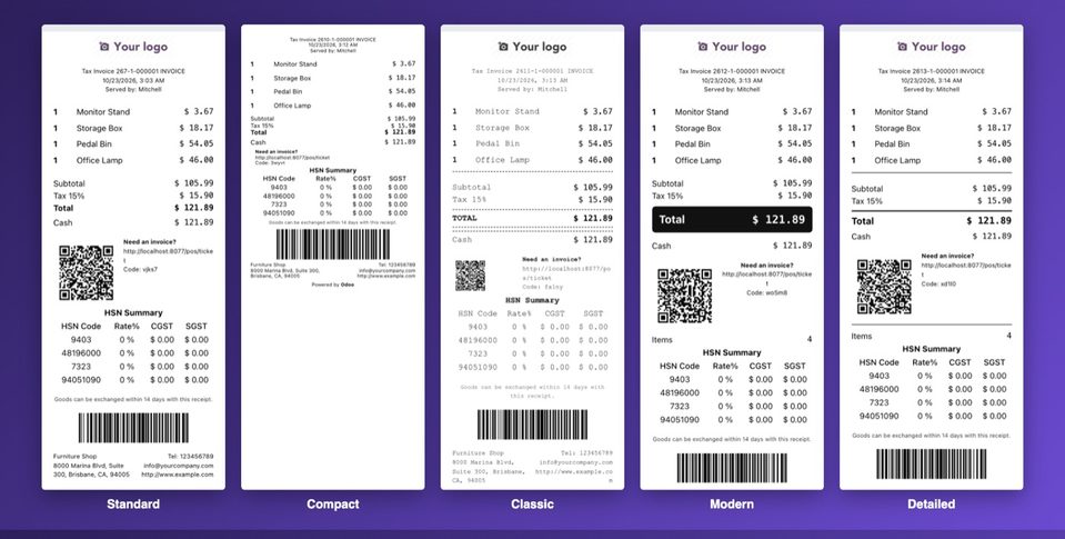 The five Point of Sale receipts, printed from the real POS.