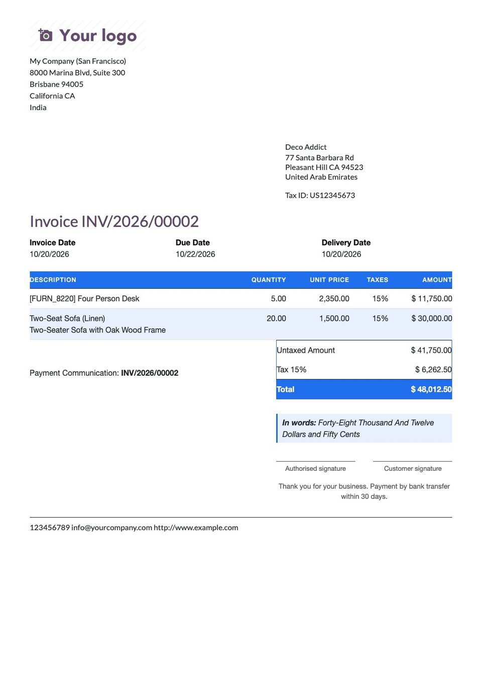 Amount in words, signature boxes and a footer note, in the Modern style.