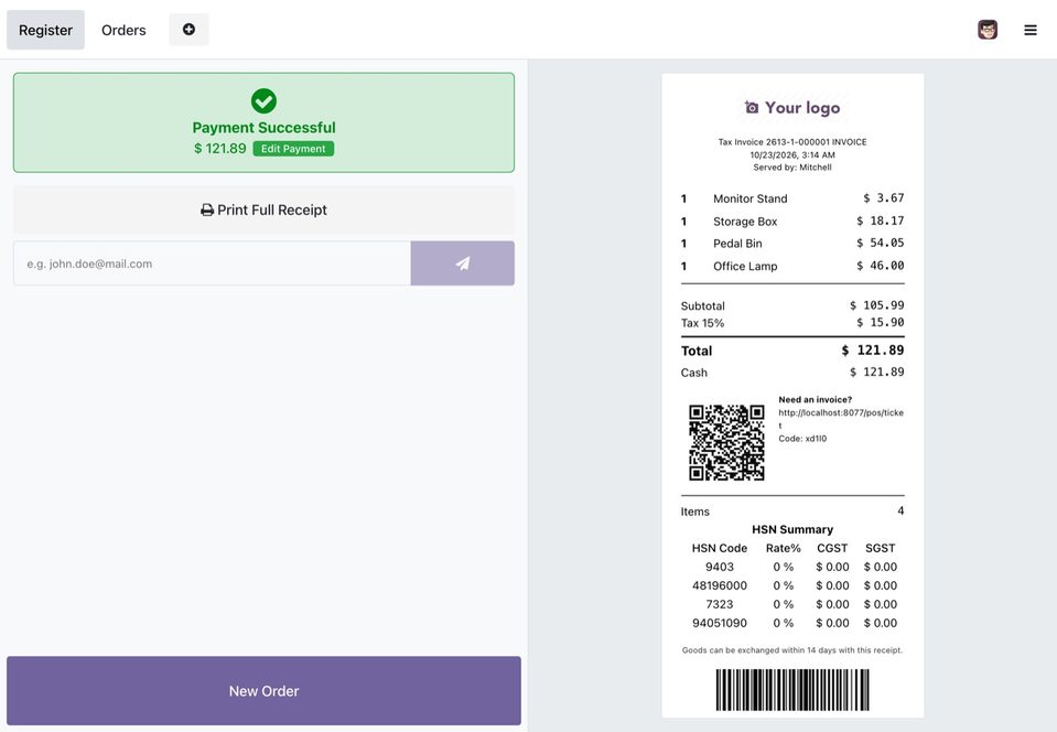 The Detailed receipt on the Point of Sale payment screen.