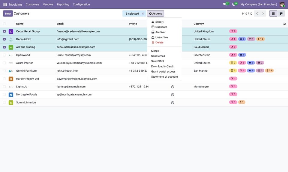 Select several partners, then Actions → Statement of account.