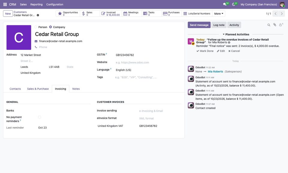 On the customer: the Send reminder button and, in the Invoicing tab, the No payment reminders tick.