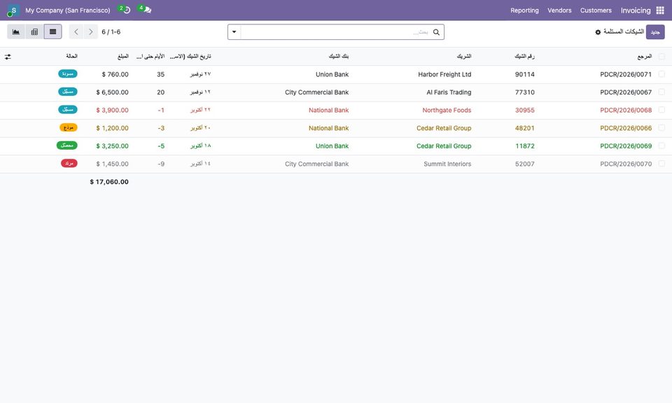 The cheques list in an Arabic interface.