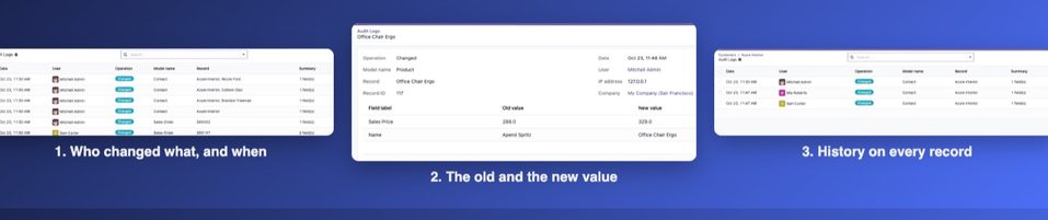 The list of changes, the old and new value of a change, and the history of one record.