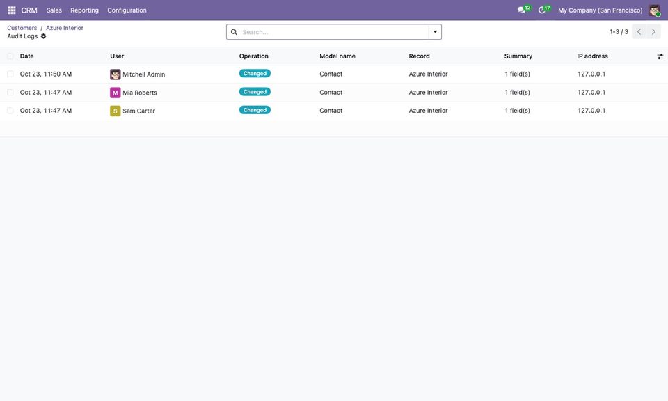 The three changes made to one contact, by three users.