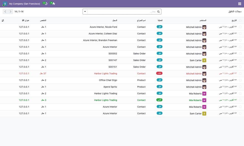 The audit logs in an Arabic interface.