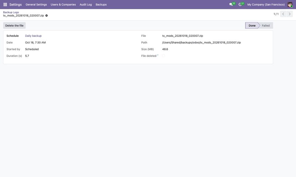 A finished backup with its file, path, size and duration.