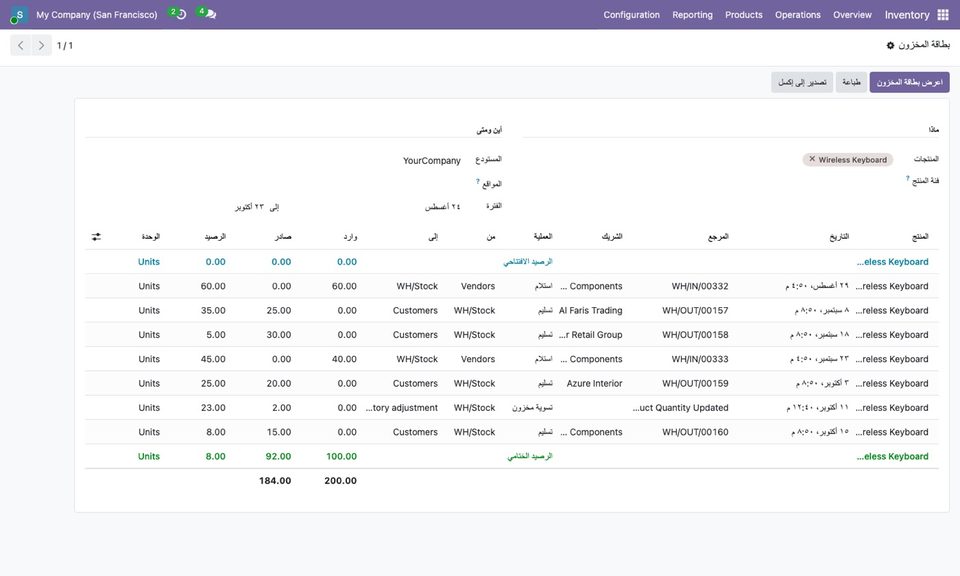 بطاقة المخزون في واجهة عربية.