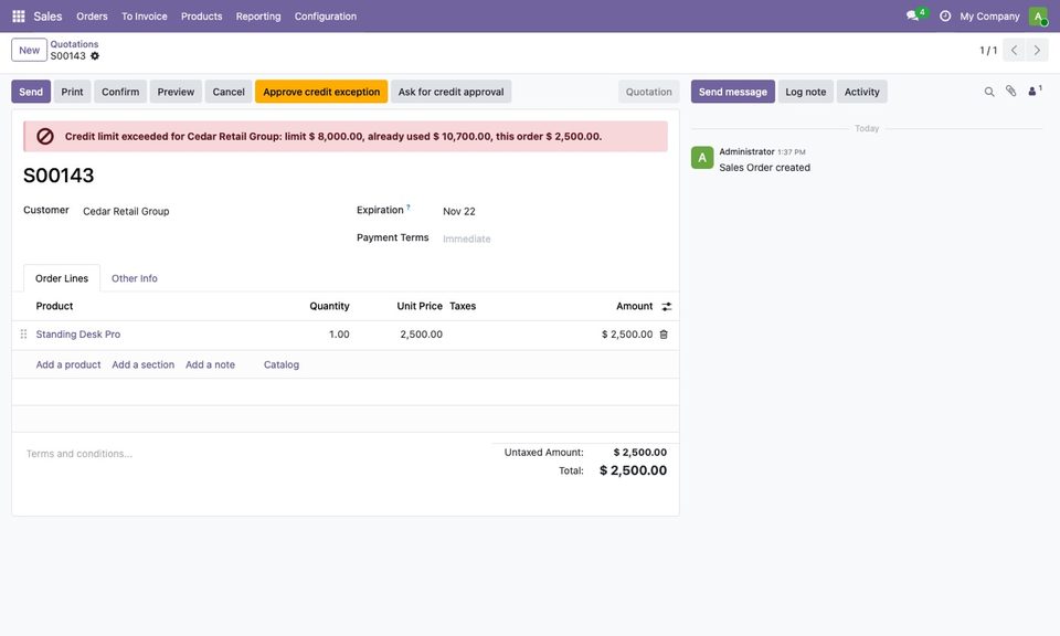 A quotation of 2,500 for a customer who has 8,000 of credit and owes 10,700.