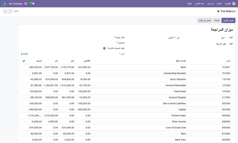 The trial balance in an Arabic interface.