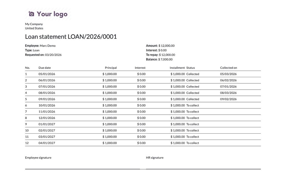 The printed statement of a loan.