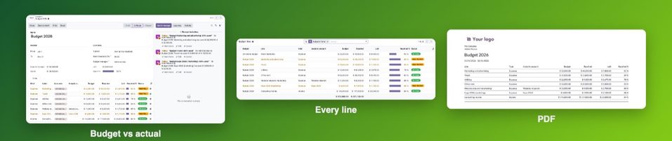 A budget with its lines, the list of lines and the PDF.