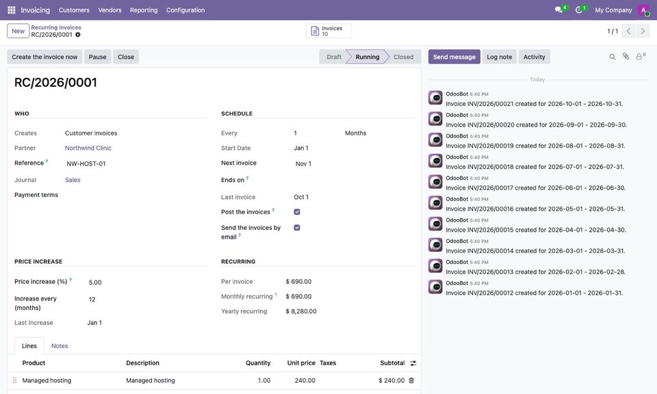 A running contract: schedule, price increase, recurring amounts and the log of the invoices.