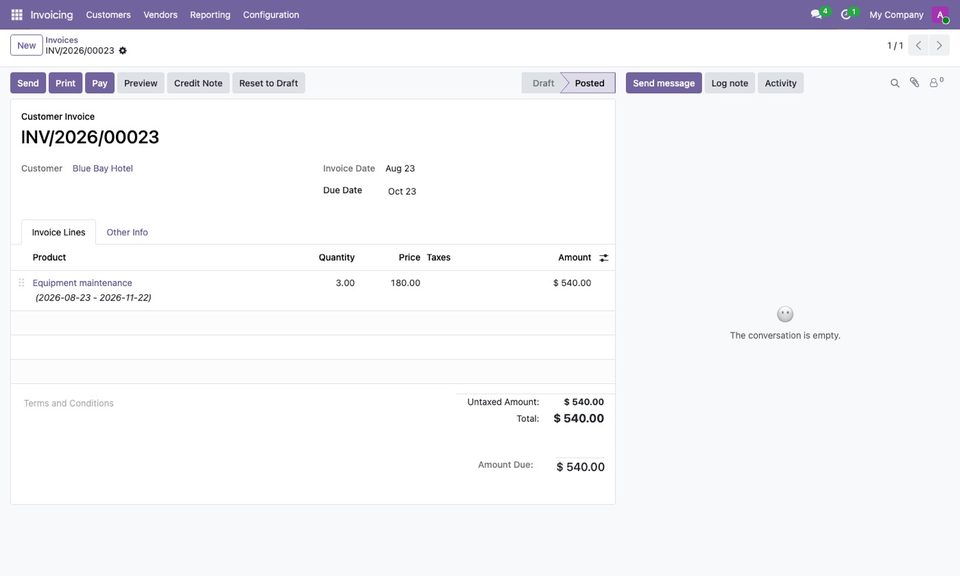 An invoice created by a contract: the period is in the description.