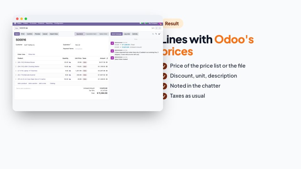 Lines with the prices of Odoo