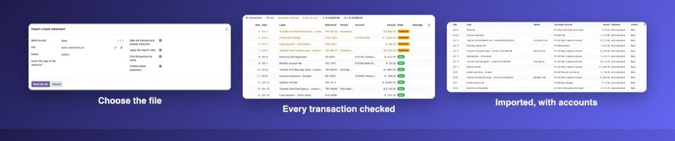 Choose the file, the check of every transaction, and the imported transactions with their accounts.