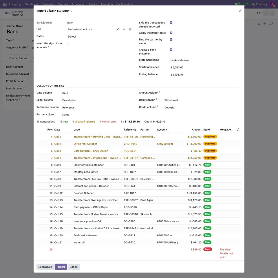 17 rows read: 12 new, 4 already imported, 1 with an error (the totals line of the file).