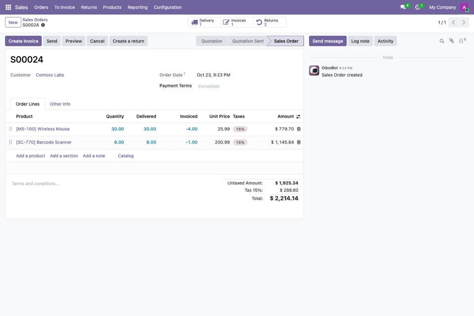 A sales order with the Create a return button and the Returns smart button.