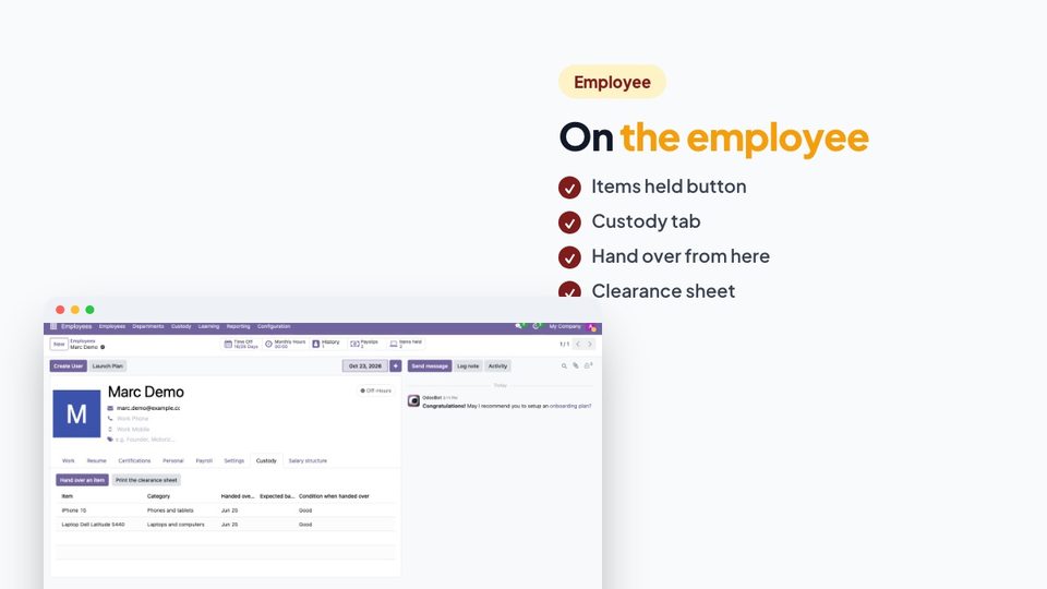 The Custody tab of an employee