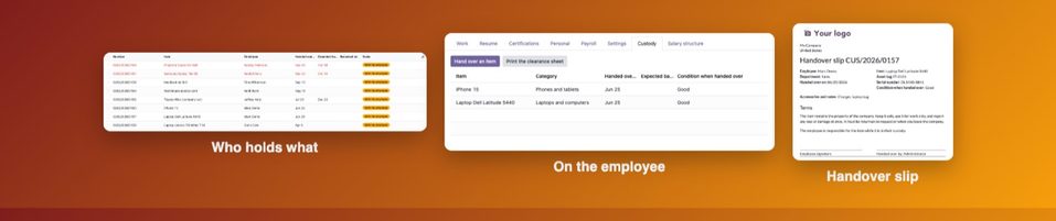 Who holds what, the Custody tab of an employee, and the handover slip.