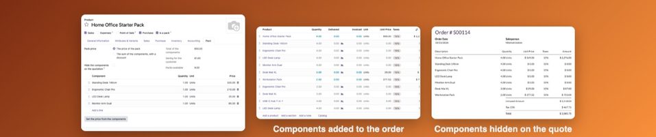 A pack and its components, the order with the components added, and the quotation.