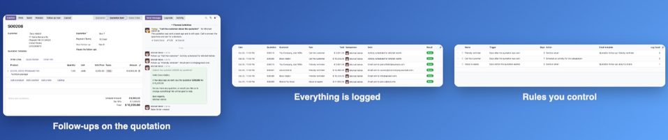 A quotation with its follow-ups, the log of everything sent, and the rules.