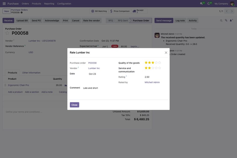 Rating the vendor from the purchase order.