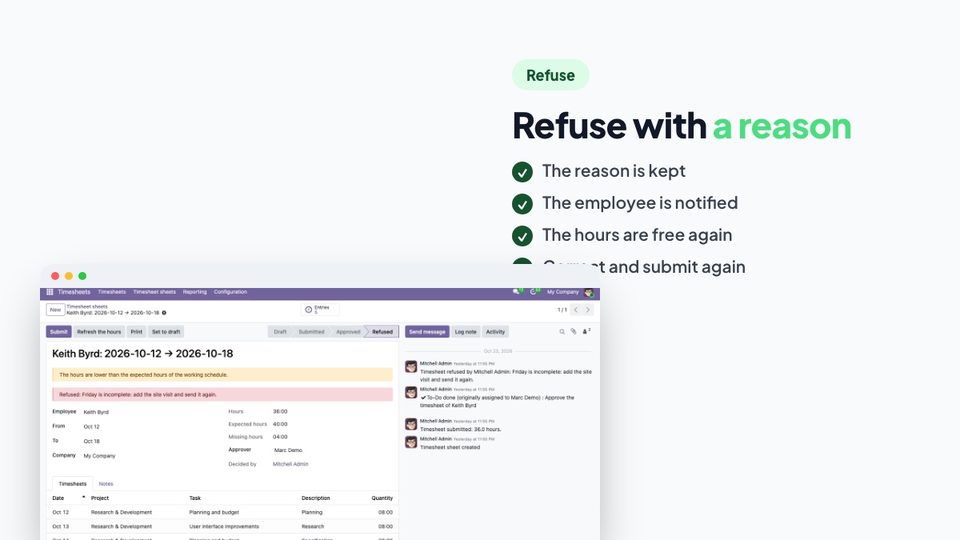 A refused timesheet sheet with its reason