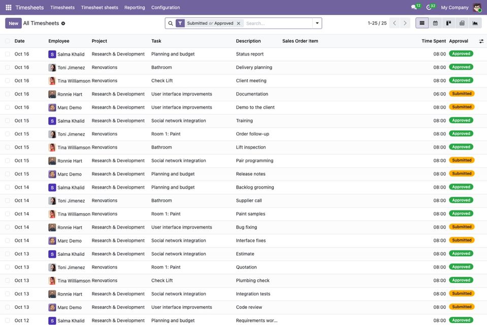 The timesheets with their approval status.