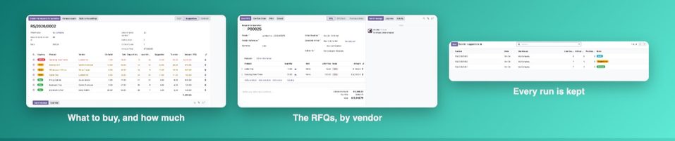 الاقتراحات وطلبات عروض الأسعار المنشأة منها وقائمة التشغيلات.