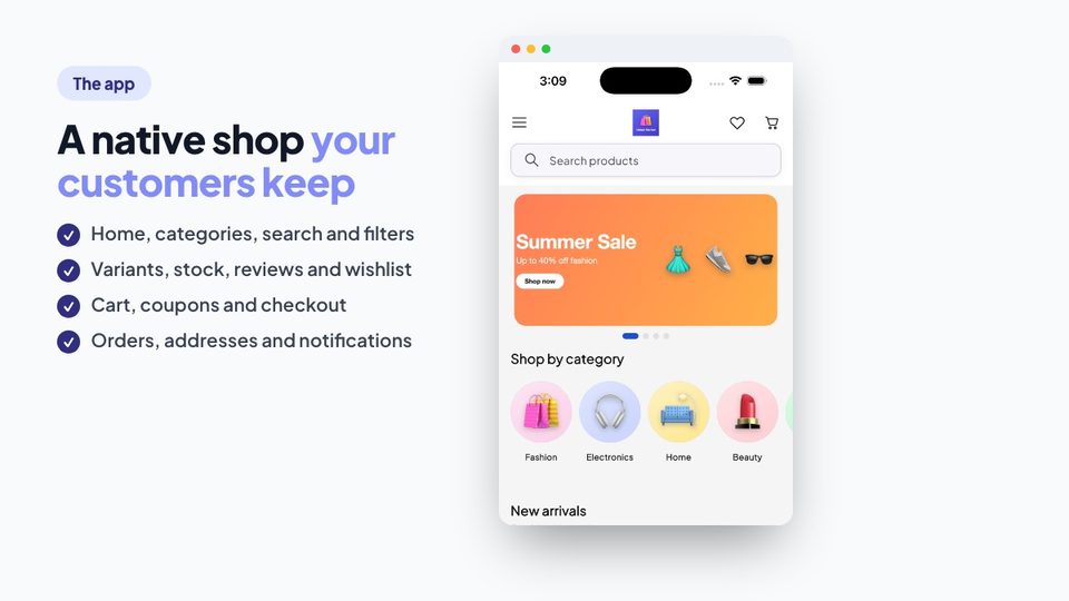 Flutter shopping app for Odoo showing the home page with banners and categories