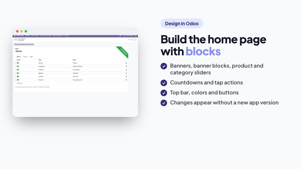 Odoo home page designer with banner, product and category blocks
