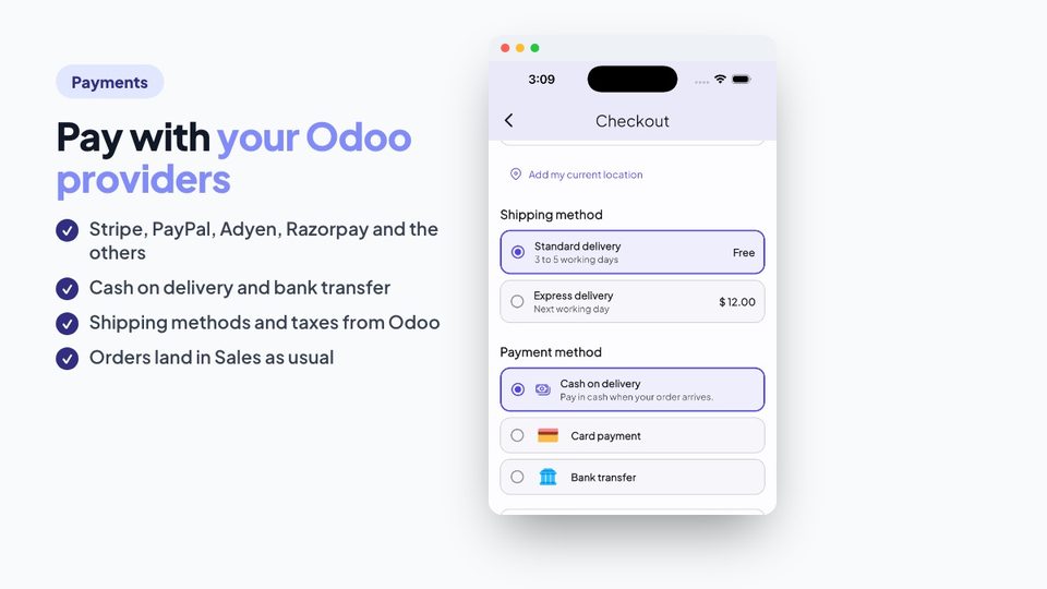Checkout screen with shipping and payment methods from Odoo