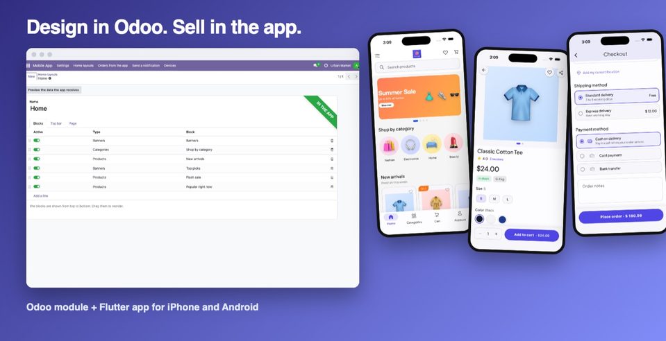 The app on a phone and its settings in Odoo.