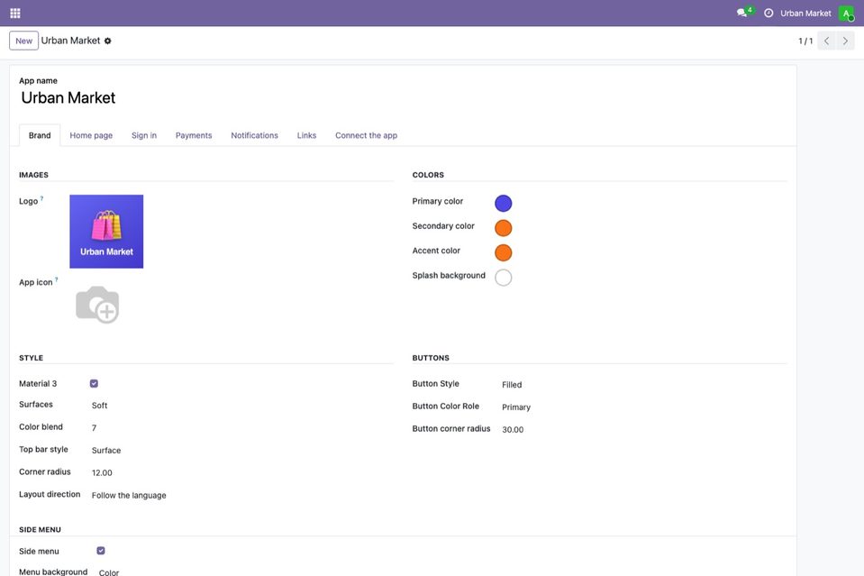 The Brand tab: name, logo, colors and style.