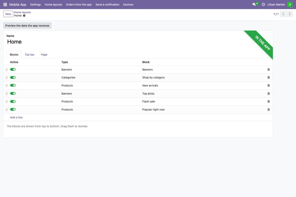 A layout: its blocks, the top bar and the page.