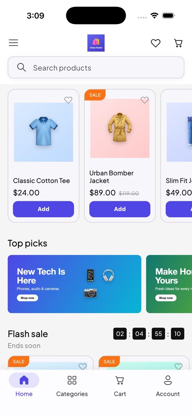 Banners, categories, new arrivals and a flash sale in the app.