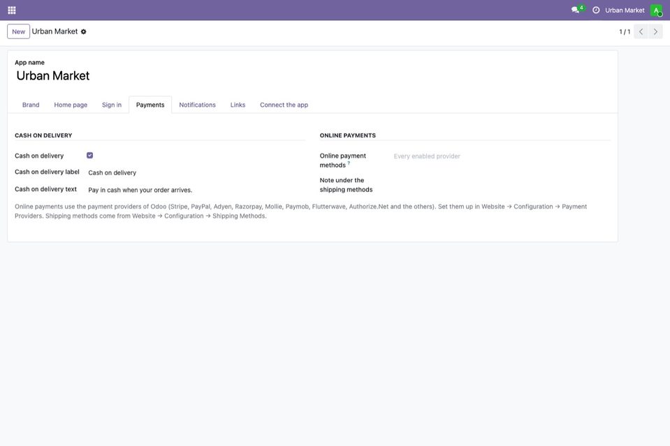 Payment settings of the app.