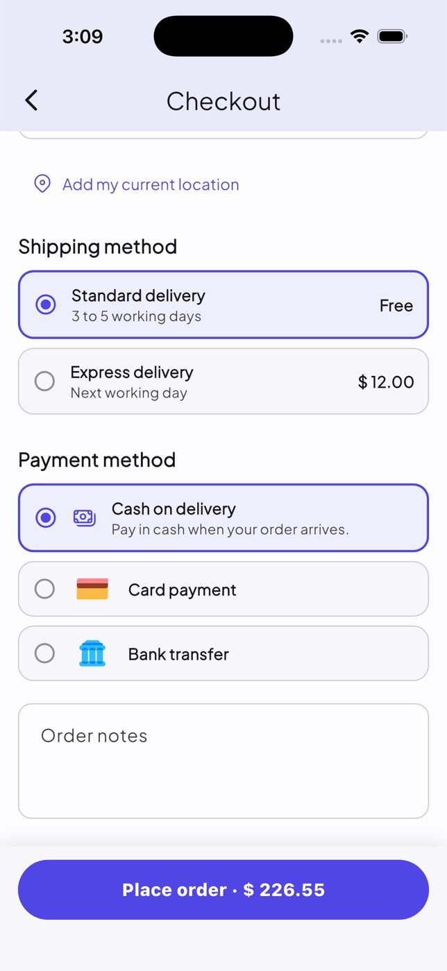 Checkout: address, shipping method, payment method and totals.