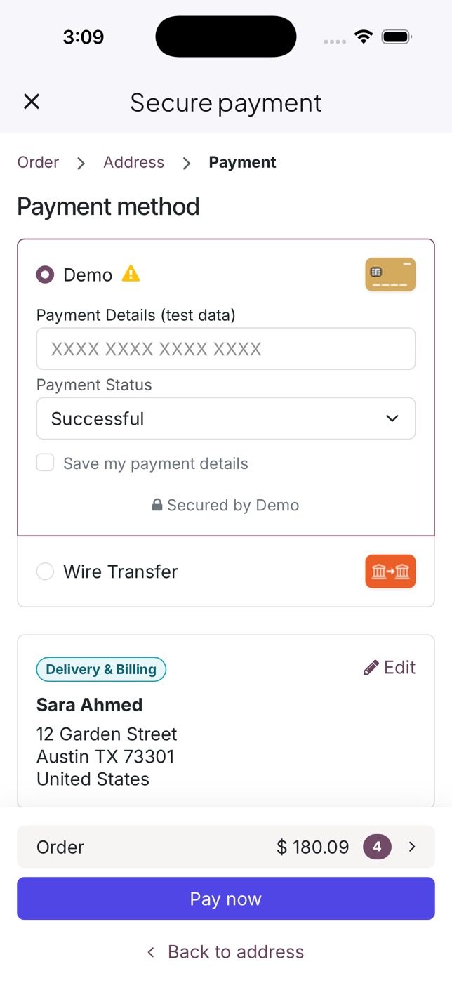 The payment page of the provider inside the app.