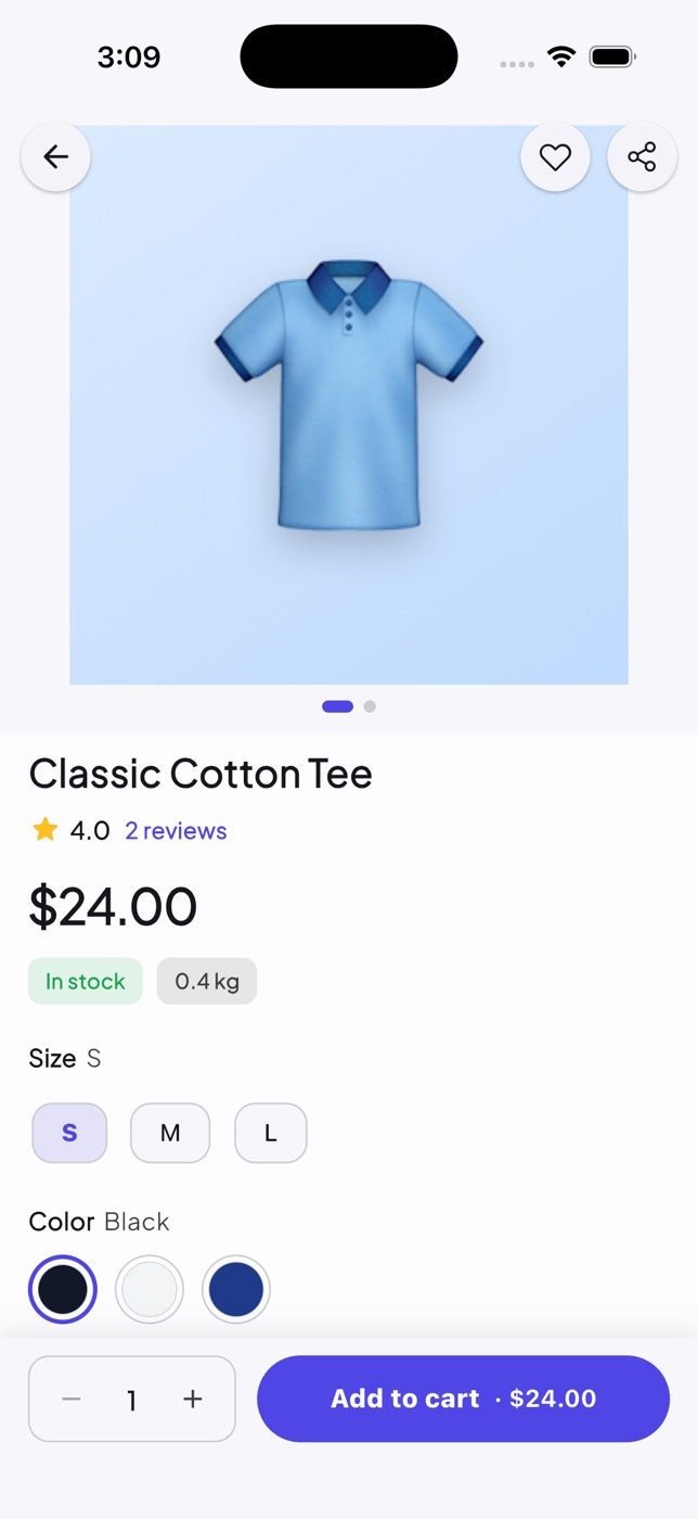 Product page with options, stock and reviews.