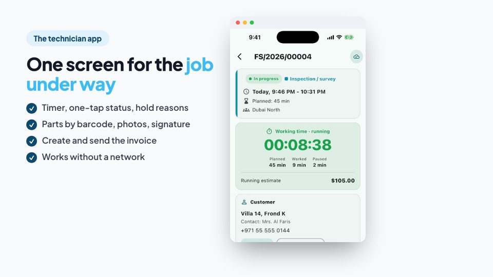 The technician app with the active job