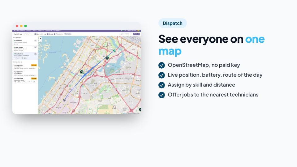 The dispatch map with technicians and jobs