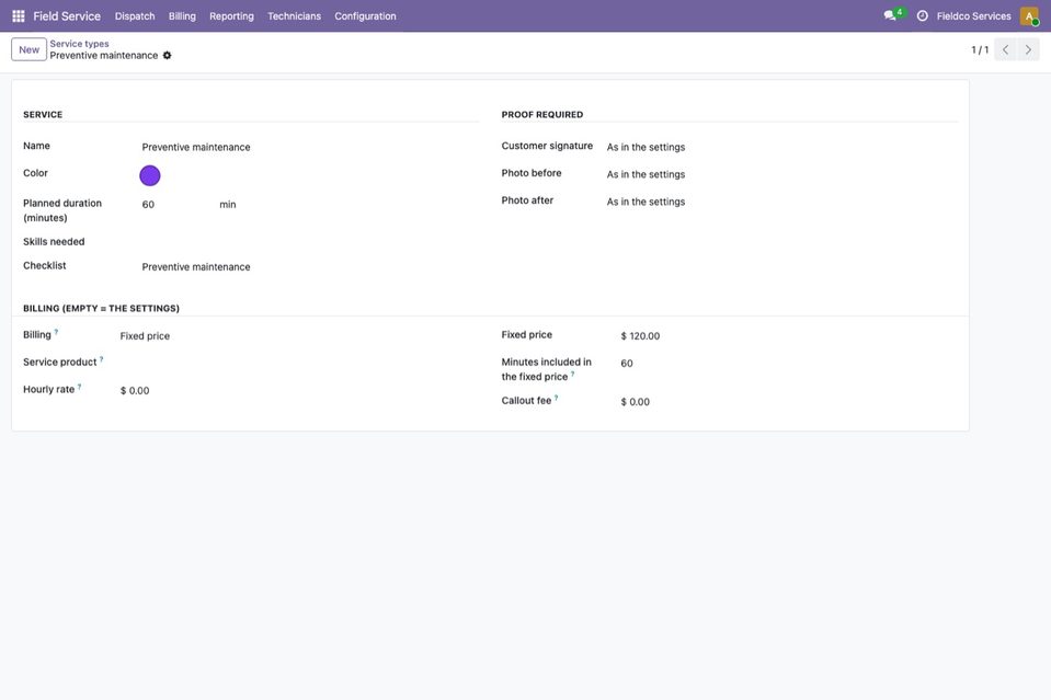 A service type: planned duration, skills, checklist, proof and billing.
