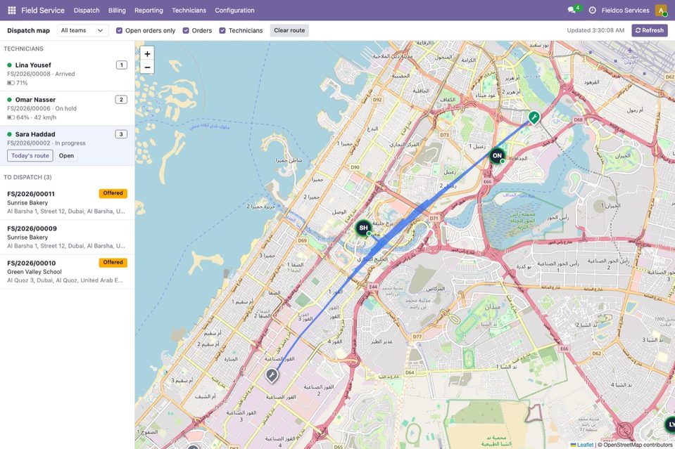 Select a technician to see the route of the day.