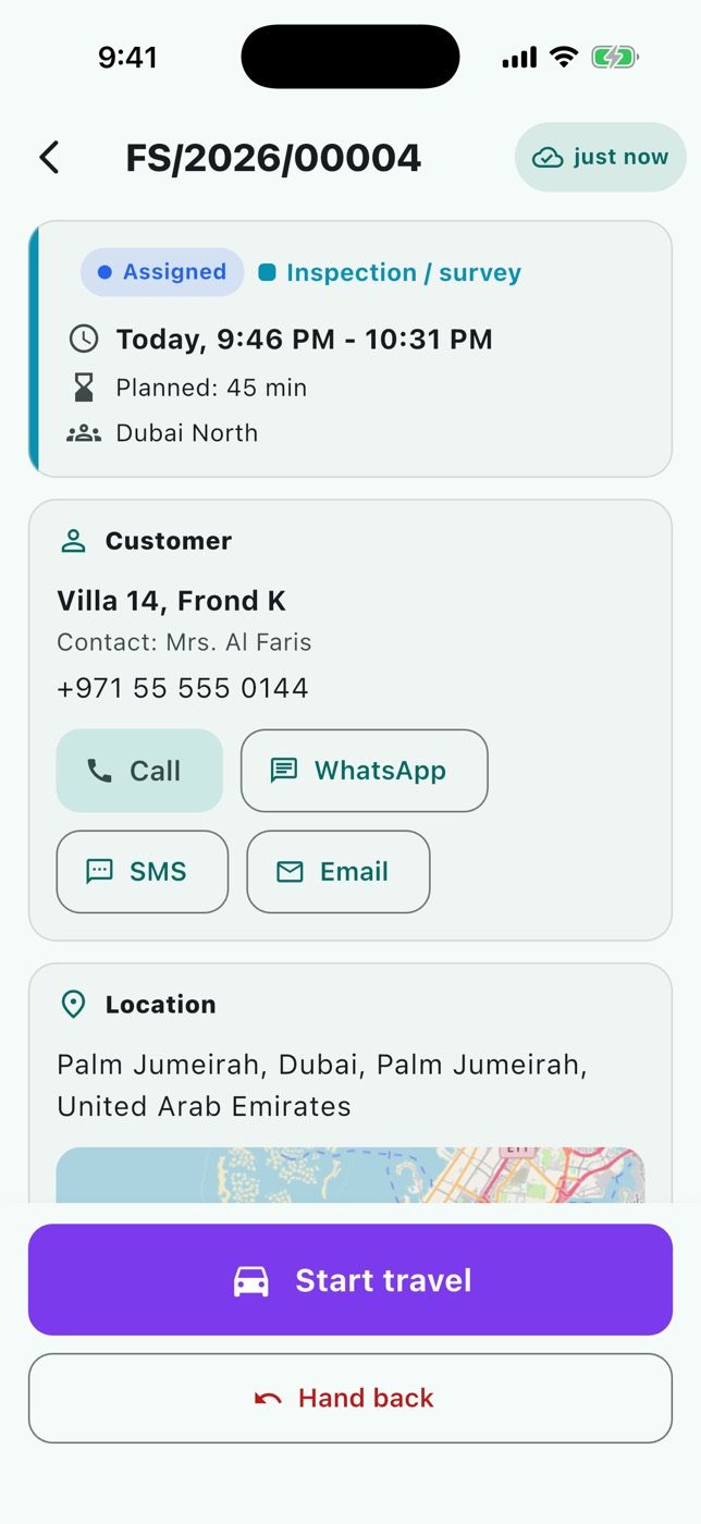 The job: customer, address, instructions, checklist.